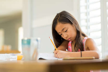Young Girl Sitting At A Desk And Working On Her Homework