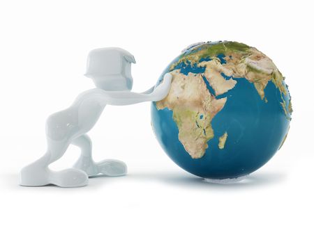 3d render of a man pushing the planetの写真素材