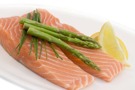photo of fresh slices of salmon with asparagusの写真素材