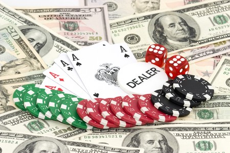 poker background with dollars, aces and dicesのeditorial素材