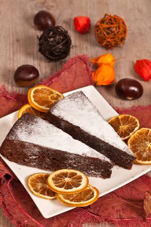 Delicious slice of chestnut cake for autumn seasonの写真素材