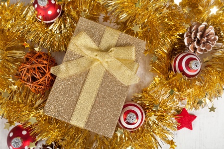 Elegant golden christmas gift pack and decorationsの写真素材