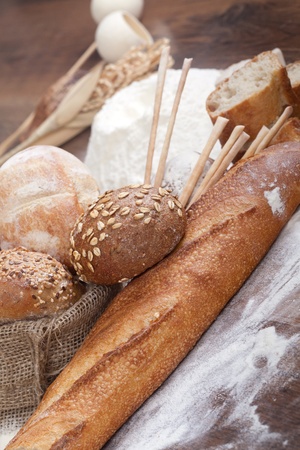 Crusty fresh bread assortment backgroundの写真素材