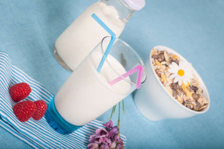 Healthy nutrition with fresh milk and muesli
