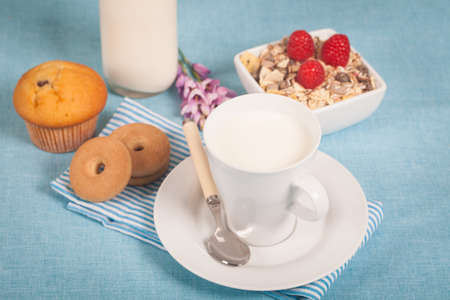 Healthy nutrition with fresh milk and muesli