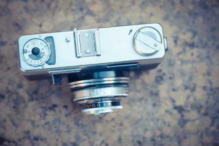 The beautiful design of an old vintage camera with analogic filmの写真素材