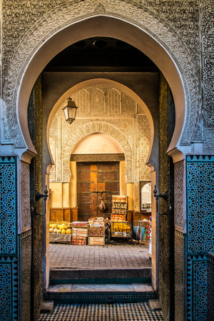 Fes, typical moroccan door to the old medinaの写真素材