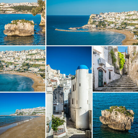 collage photo composition of the beautiful Peschici village in Pugliaの写真素材
