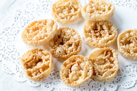 Cartellate, traditional home made pastries filled with figs syrupの写真素材