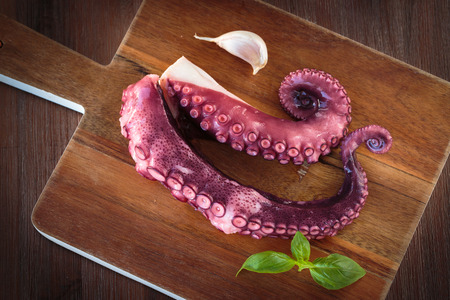 Delicious cooked octopus tentacles on a chopping boardの写真素材