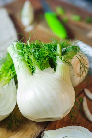 Genuine and fresh raw fennel on a rustic backgroundの写真素材