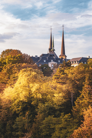 Spire of the Notre Dame Cathedral in the city of Luxembourgの写真素材