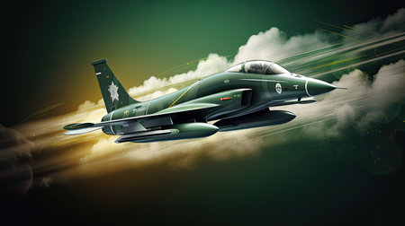 Military fighter jet flying in the sky. 3D rendering and illustrationの素材