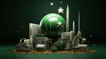 3d rendering of green mosque with star and moon in the middleの素材