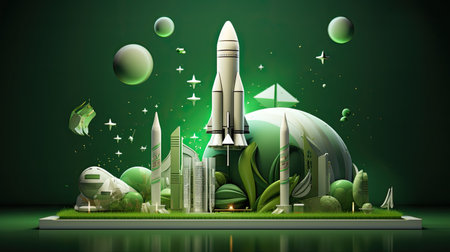 Space rocket in green background with planet and buildings. Vector illustration.の素材