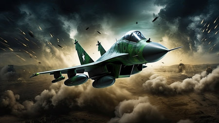 Fighter jet fighter in the clouds. 3d render illustration.の素材