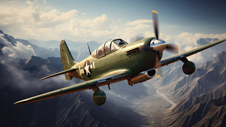 Military airplane flying over the mountains. 3d render. Conceptual image.の素材