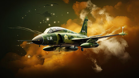 Military fighter jet in the sky with smoke and fire. 3d illustrationの素材