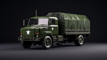 Green military truck on a dark background. 3d rendering. Side view.の素材