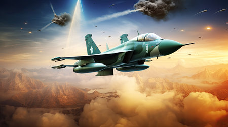 Fighter jet fighter flying in the sky. 3d illustration.の素材