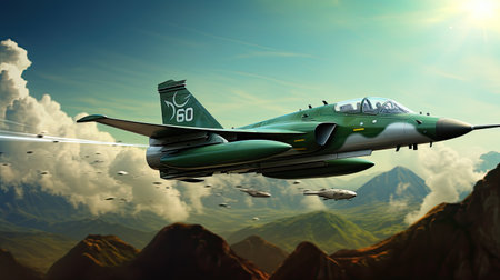 Military fighter jet flying high in the sky. 3d illustration.の素材