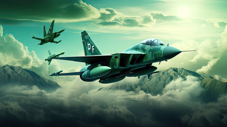 Fighter jet fighter in the clouds. 3d render illustration.の素材