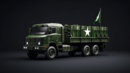 Green military truck with flag of Somalia on the back. 3D renderingの素材