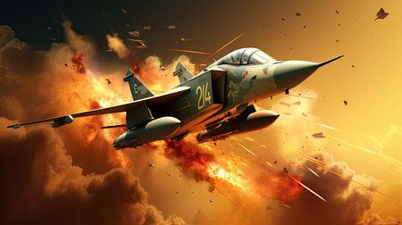 Fighter jet fighter in the fire. 3D illustration. Clip art.の素材