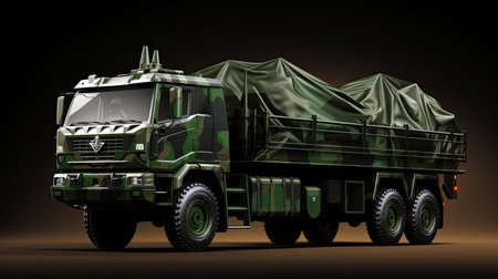 Military truck on a dark background. 3d rendering. 3d illustration.の素材