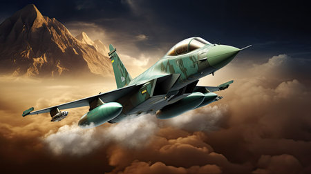 Fighter jet fighter in the clouds. 3D rendering illustration.の素材
