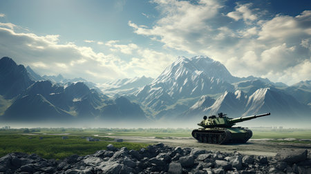 Military tank with mountains in the background. 3D Rendering.の素材