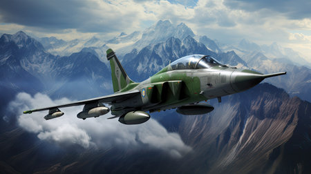 Fighter jet fighter in the clouds. 3d render illustration.の素材