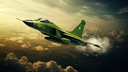 Military fighter jet flying in the sky. 3d render illustration.の素材