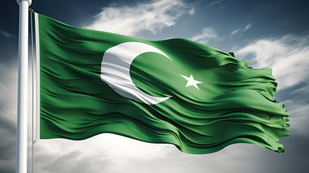 Pakistan Flag waving in the wind against blue sky. 3D Renderの素材