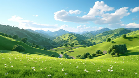 Beautiful summer landscape with meadow and hills. 3d renderの素材
