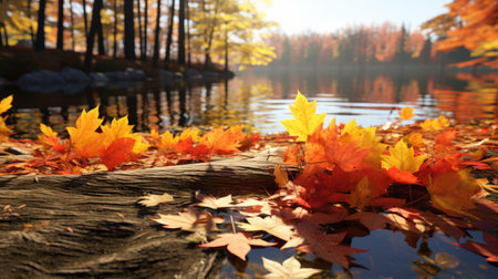 Beautiful autumn landscape with lake and fallen leaves, closeup viewの素材