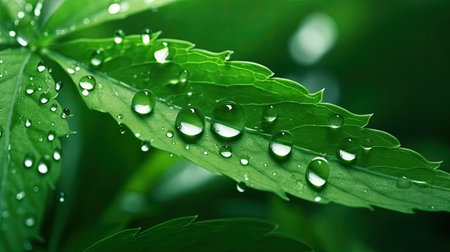 water drops on green leaf macro closeup. natural background with copy spaceの素材