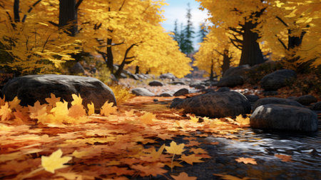Autumn landscape with yellow leaves in the forest. 3d renderの素材