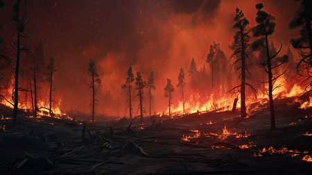 Burning forest. Fire in the forest. 3D rendering.の素材