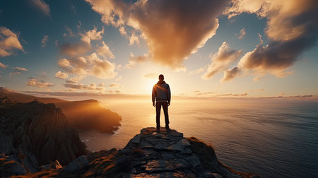 Man standing on the edge of a cliff and looking at the sunsetの素材