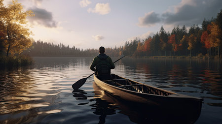 Fisherman in a canoe on the lake at sunset. 3d renderの素材