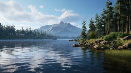 3D CG rendering of lake and mountains. High resolution image.の素材