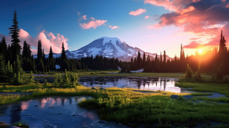 Mount Rainier National Park, Washington, USA. 3D renderingの素材