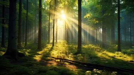 Mysterious forest in the light of the morning sun. Magical summer landscapeの素材