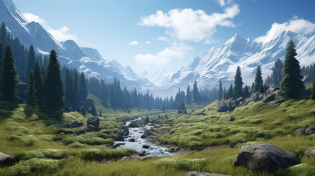 Mountain landscape with river and coniferous forest. 3d renderの素材