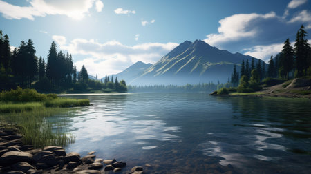 Mountains reflected in a mountain lake. Conceptual image. 3d renderingの素材