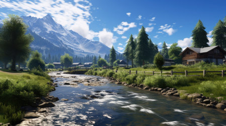 Beautiful mountain landscape with river and blue sky. 3D renderingの素材