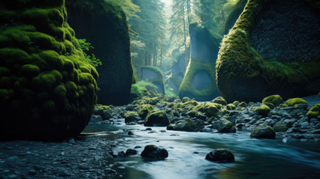 Fantasy landscape with a river flowing through the green mossy forestの素材
