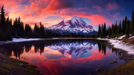 Mount Rainier at sunrise with reflection in the lake, Washington.の素材
