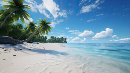 Tropical beach with palm trees and blue sky. 3d renderの素材